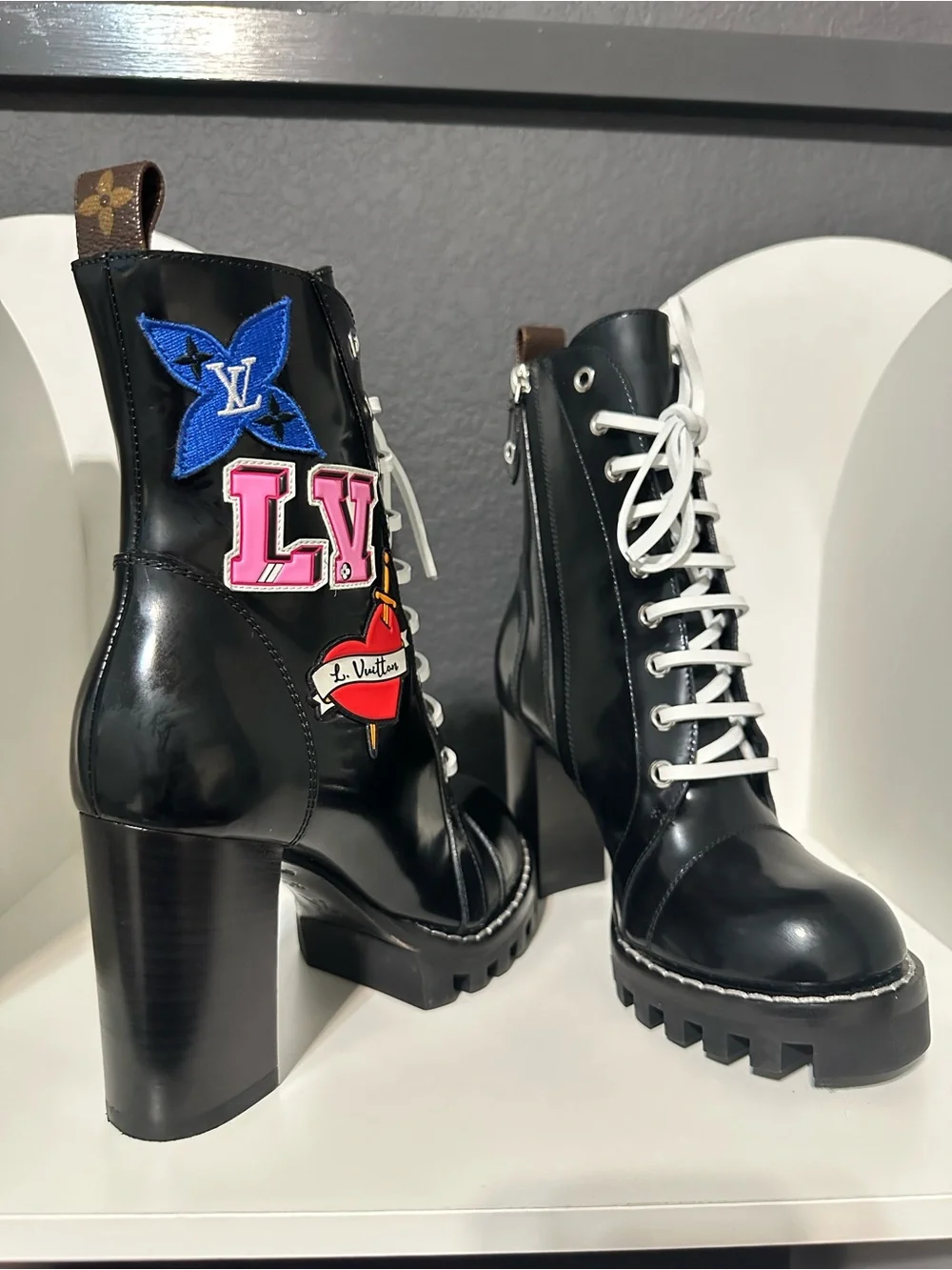 Louis Vuitton Black Leather Lace-Up Platform Patchwork Ankle Boots - Picture 7 of 9
